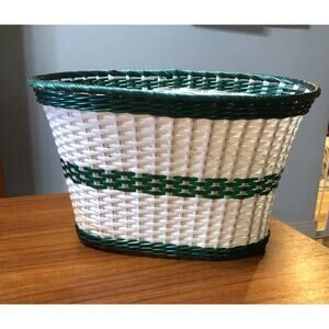 Retro Bicycle Bike Basket Woven White Green Plastic Handlebars Vintage Puppy Dog
